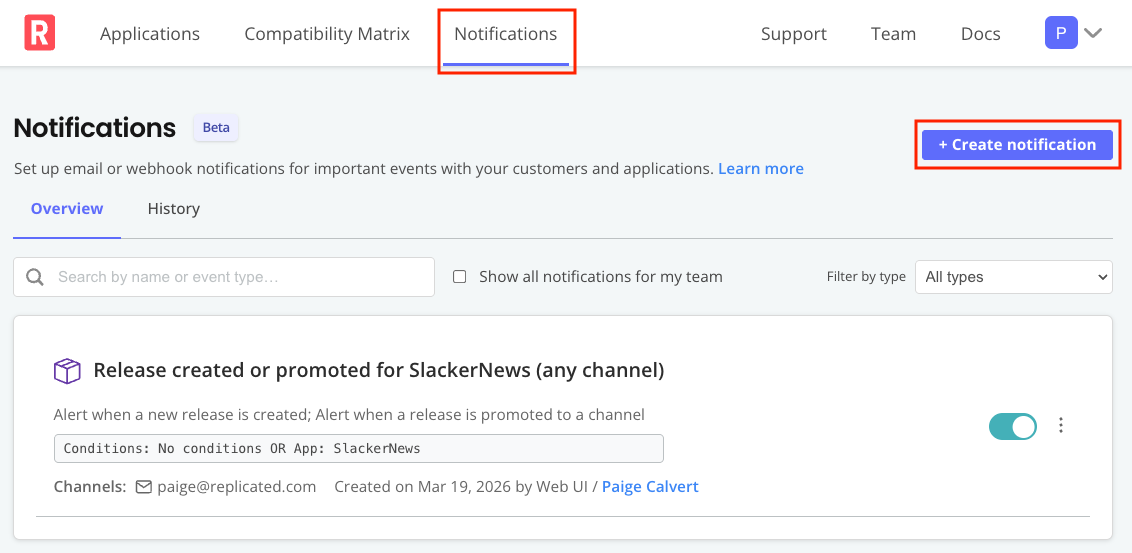 notifications overview page
