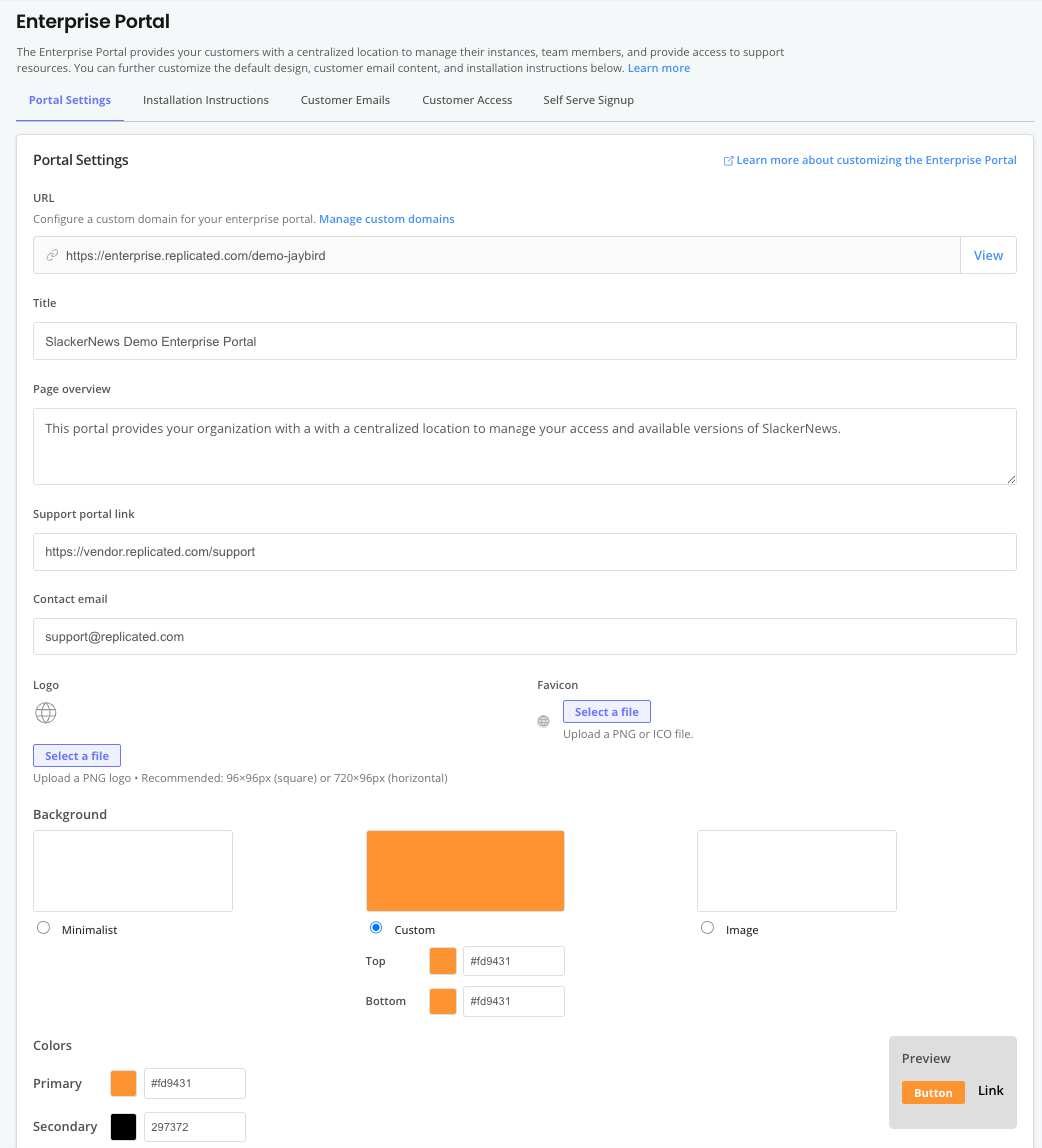 Enterprise Portal settings page